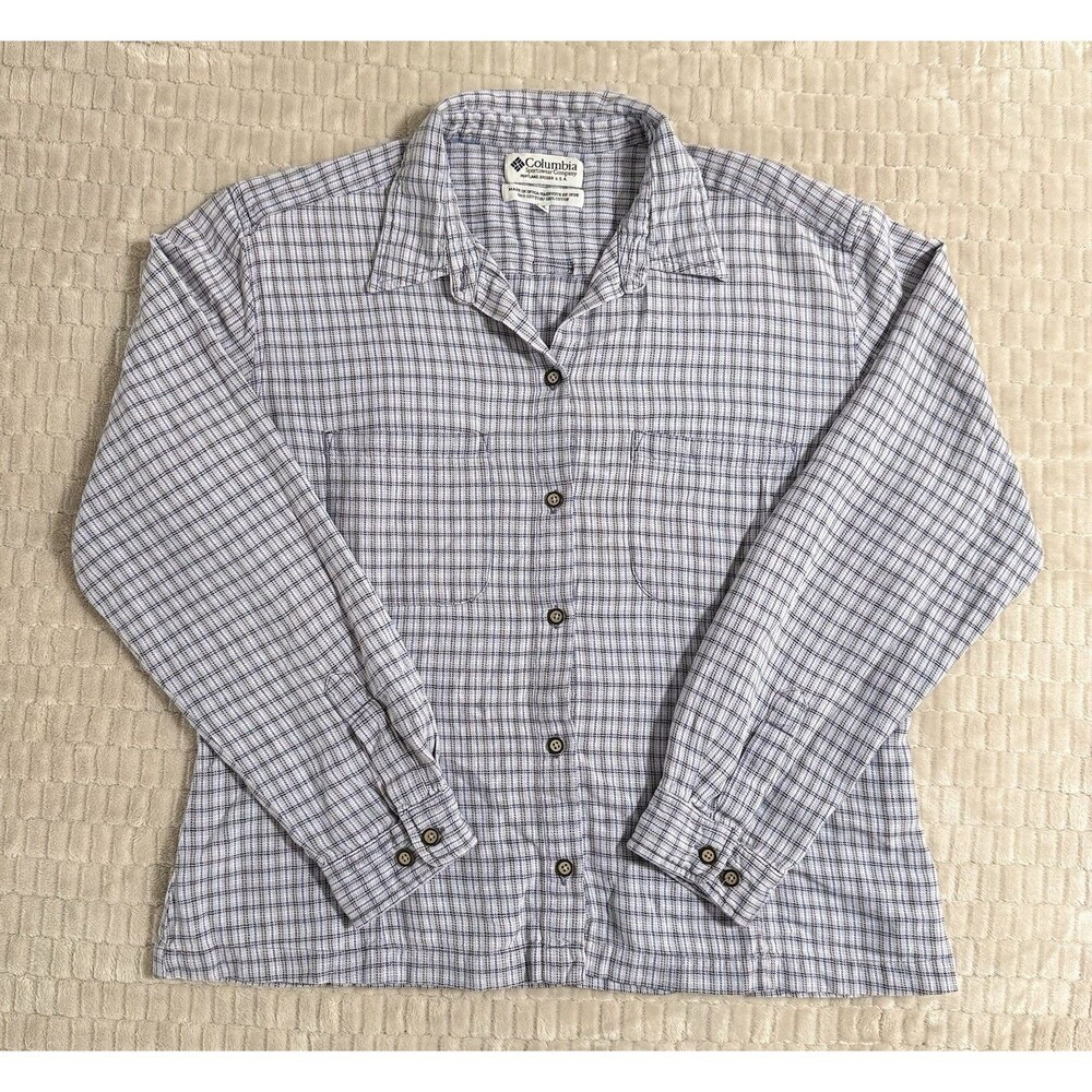 Columbia Womens XL Plaid Button Up Shirt Blue Gray Long Sleeve Lightweight